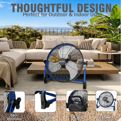 MOXNICE 18" Solar Rechargeable Floor Fan, 30W Cordless Solar Fan Outdoor, Portable Camping Fan, Hi-airflow, USB Output, Wireless, for Home Garage RV Camping Greenhouse
