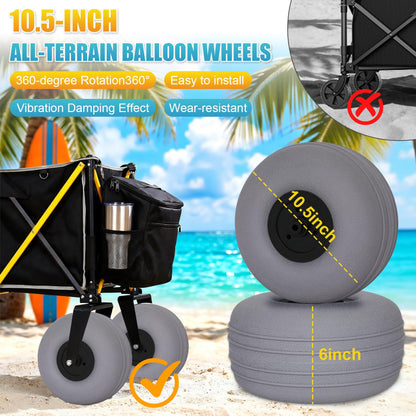 Beach Wagon with Big Wheels for Sand, Heavy Duty 350lbs Folding Beach Wagon with 10.5" All-Terrain Inflatable Wheels, Utility Cart for Camping, Outdoor Shopping, Garden & Sports, Includes Air Pump