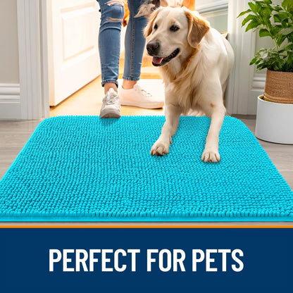 OLANLY Dog Door Mat - Absorbent Non-Slip Chenille Mud Mat for Indoor Use | 54x24, Aqua Blue