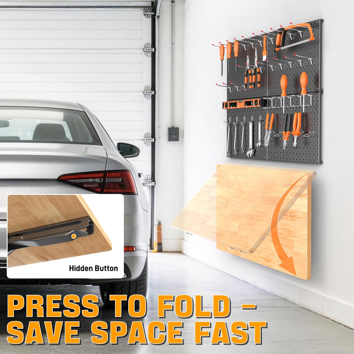 Ultrawall Heavy Duty Folding Workbench with Pegboard – Wall-Mounted Work Table for Garage & Workshop with Accessories