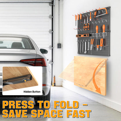 Ultrawall Heavy Duty Folding Workbench with Pegboard – Wall-Mounted Work Table for Garage & Workshop with Accessories