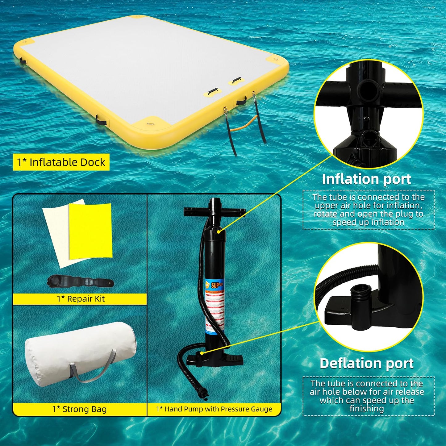 Inflatable Lake Float for Adults, GONFLABLE 12ft Air Floating Dock Platform-Raft for Pool & Beach (Yellow, 6x12 FT)