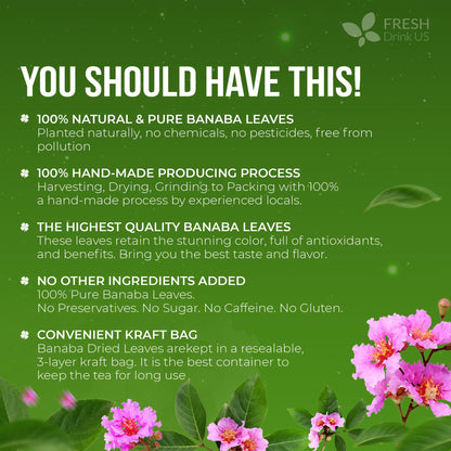 FreshDrinkUS, Premium 50+ Banaba Dried Leaves, 100% Natural & Pure from Whole Banaba Leaves, Banaba Leaf Tea, No Additives, No Caffeine, Vegan
