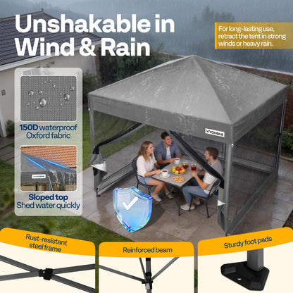 VIVOHOME 10x10ft Easy Pop-Up Canopy, Outdoor Screen Tent with Mosquito Netting, 2 Zipper Doors, and Roller Bag for Yard Camping Picnic Party Events, Grey