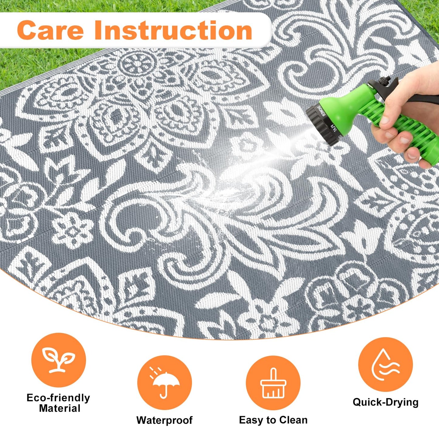 Findosom Waterproof Outdoor Rug 9' x 18' - Reversible Mandala Outdoor Plastic Straw Rug, Durable Foldable Patio Rug for RV, Deck, Balcony, Backyard, Picnic, Porch, Camping, Beach, Gray