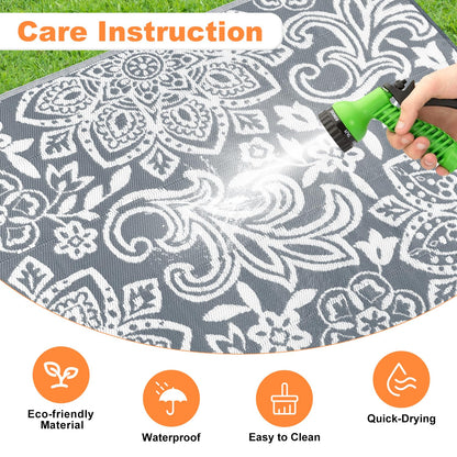 Findosom Waterproof Outdoor Rug 9' x 18' - Reversible Mandala Outdoor Plastic Straw Rug, Durable Foldable Patio Rug for RV, Deck, Balcony, Backyard, Picnic, Porch, Camping, Beach, Gray