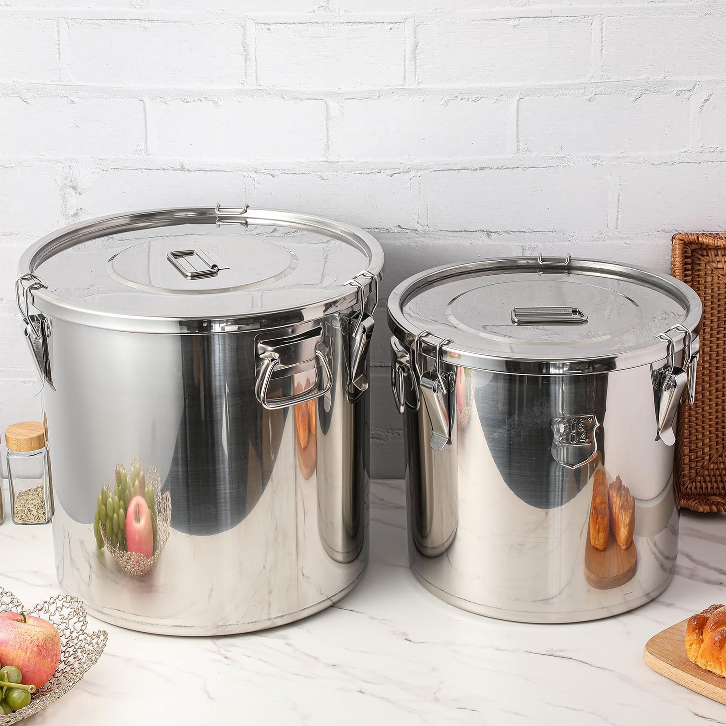 Suclain 3 Pack 3.2Gal/ 5.5Gal/ 8.7Gal 304 Stainless Steel Airtight Food Storage Containers with Locking Lids – Large Canisters for Dog Food, Flour, Rice, Coffee