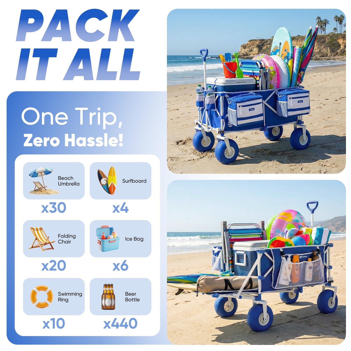 Sekey Heavy Duty Beach Wagon with 9" Big Sand-Proof Wheels, 300L Oversized Foldable Beach Cart with Cooler| Adjustable Handle & Balloon Tires for Sand, Camping,Vacation