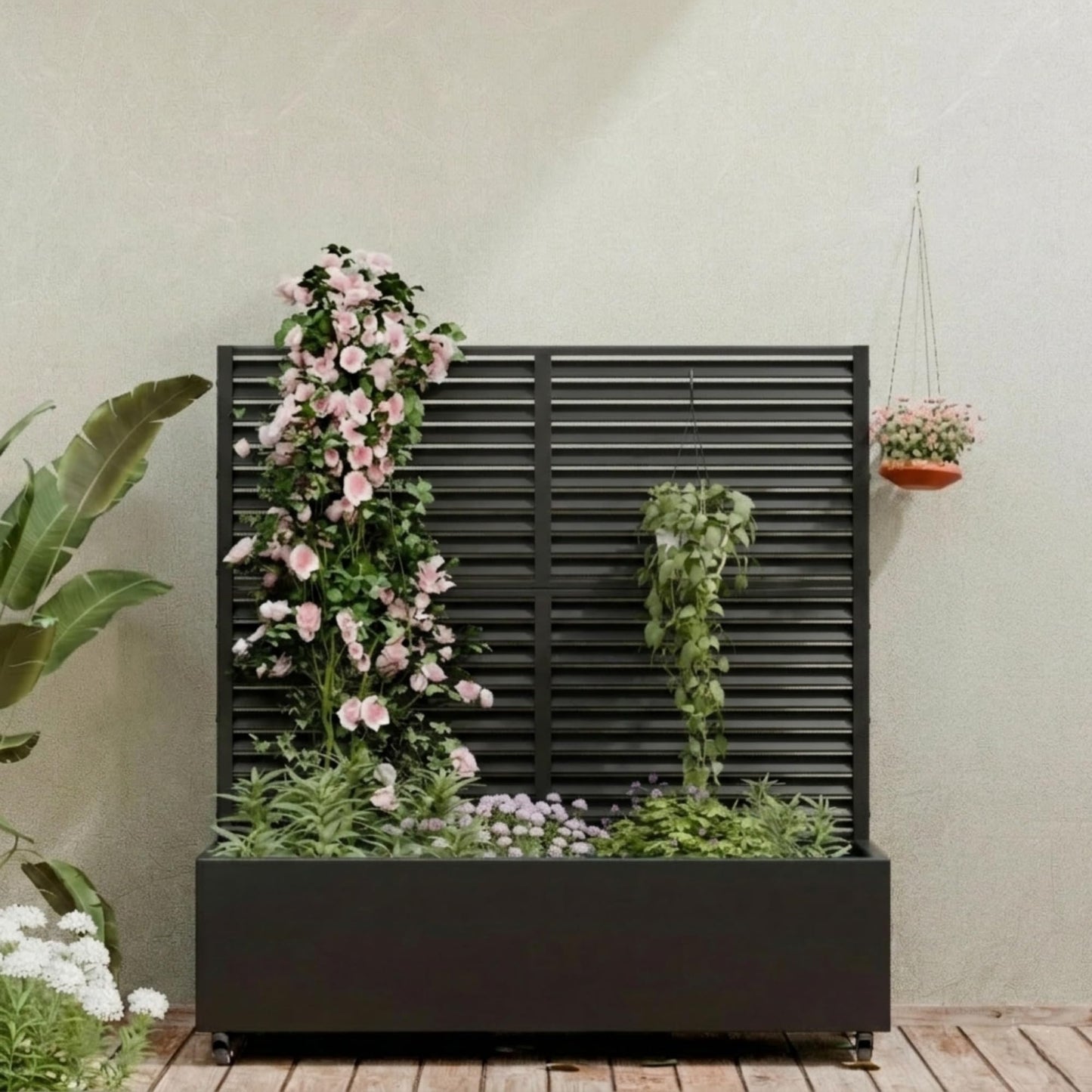 Casaphoria Metal Raised Garden Bed with Trellis and Wheels, 47"x47"x16" Planter Box for Climbing Plants, Vegetables & Vines, Features Drainage Holes and Privacy Screen (Black-Louvered)