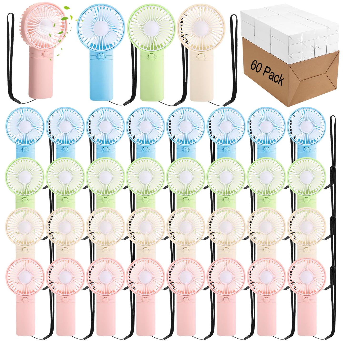 Woanger 60 Pack Mini Handheld Fan Bulk with Rope Hanging Portable Eyelash Fans Small Personal Cooling for Wedding Travel Makeup Camping Hiking Independent White Box (Beige Pink,Blue,Green)