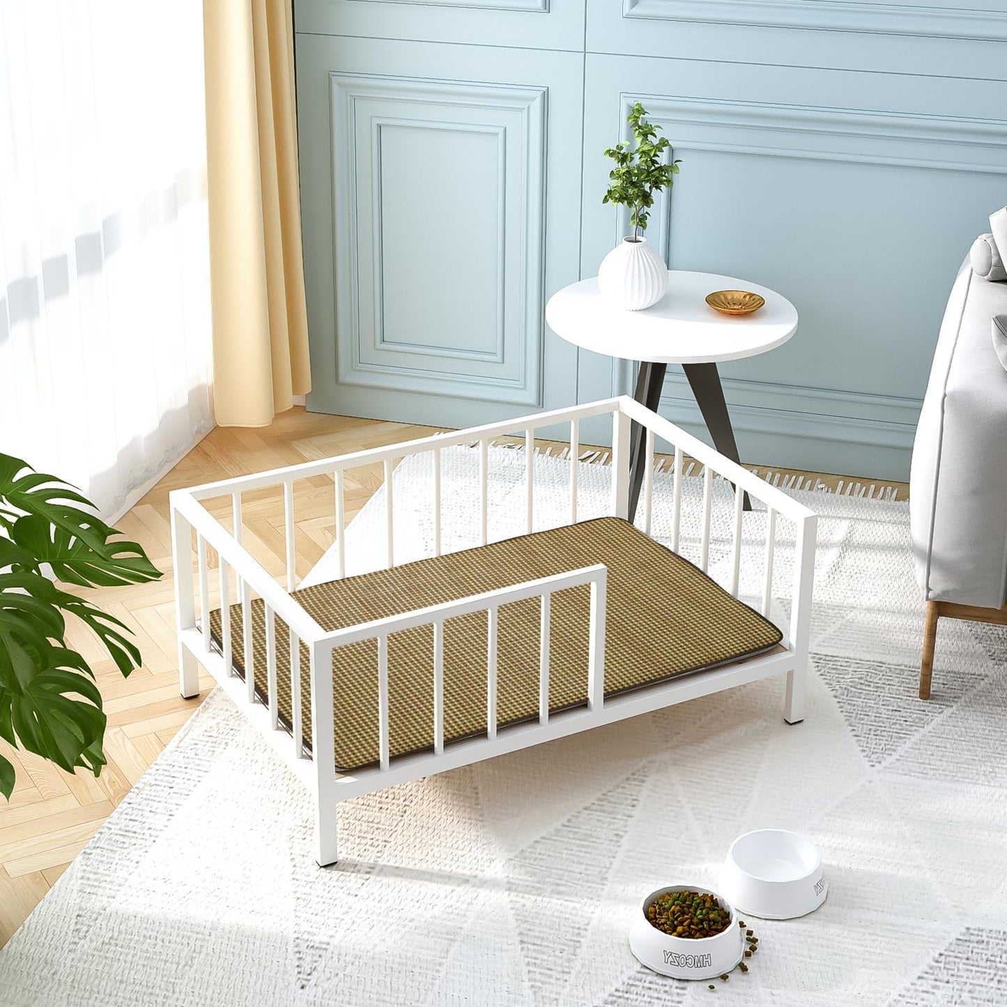 OSCHF Dog Bed with Rails - Elevated Pet Metal Bed Frame with Solid Wood Board and Washable Soft Mat for Medium Dog Indoor or Outdoor Use, 25.2" x 37.8", White