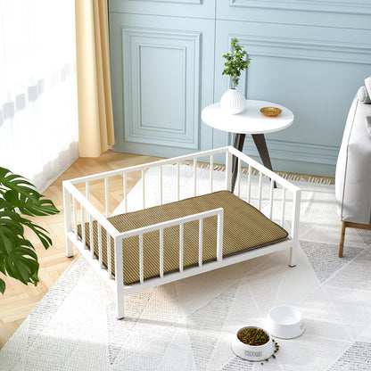 OSCHF Dog Bed with Rails - Elevated Pet Metal Bed Frame with Solid Wood Board and Washable Soft Mat for Medium Dog Indoor or Outdoor Use, 25.2" x 37.8", White