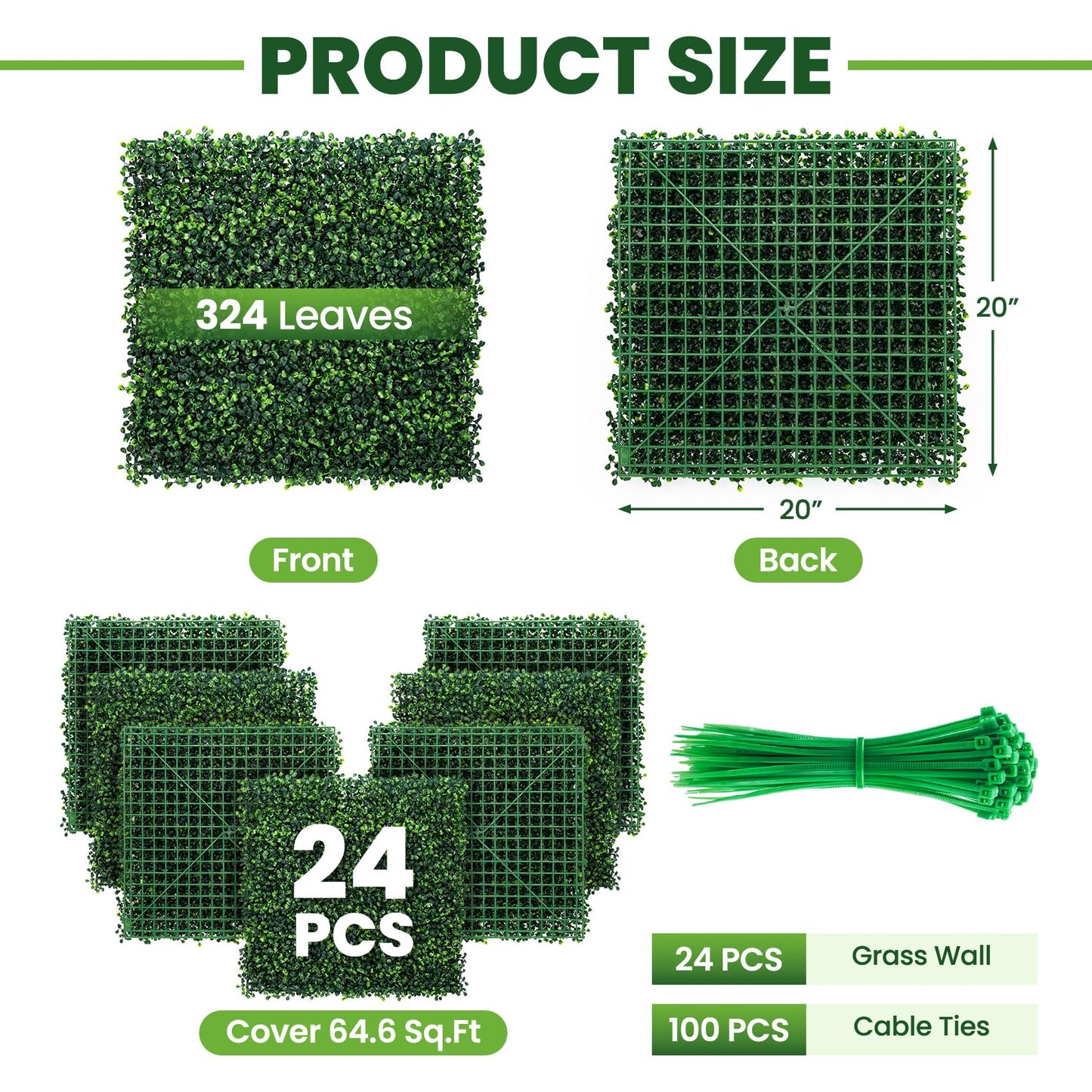 Ticanros Grass Wall Panel 24 Pack 20"x20" Artificial Boxwood Hedge Plant Wall, Greenery Walls, Artificial Grass Backdrop, Privacy Hedge Screen Faux Boxwood for Outdoor,Indoor,Garden,Fence,Backyard