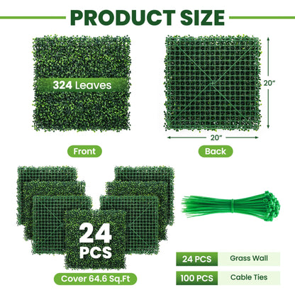Ticanros Grass Wall Panel 24 Pack 20"x20" Artificial Boxwood Hedge Plant Wall, Greenery Walls, Artificial Grass Backdrop, Privacy Hedge Screen Faux Boxwood for Outdoor,Indoor,Garden,Fence,Backyard
