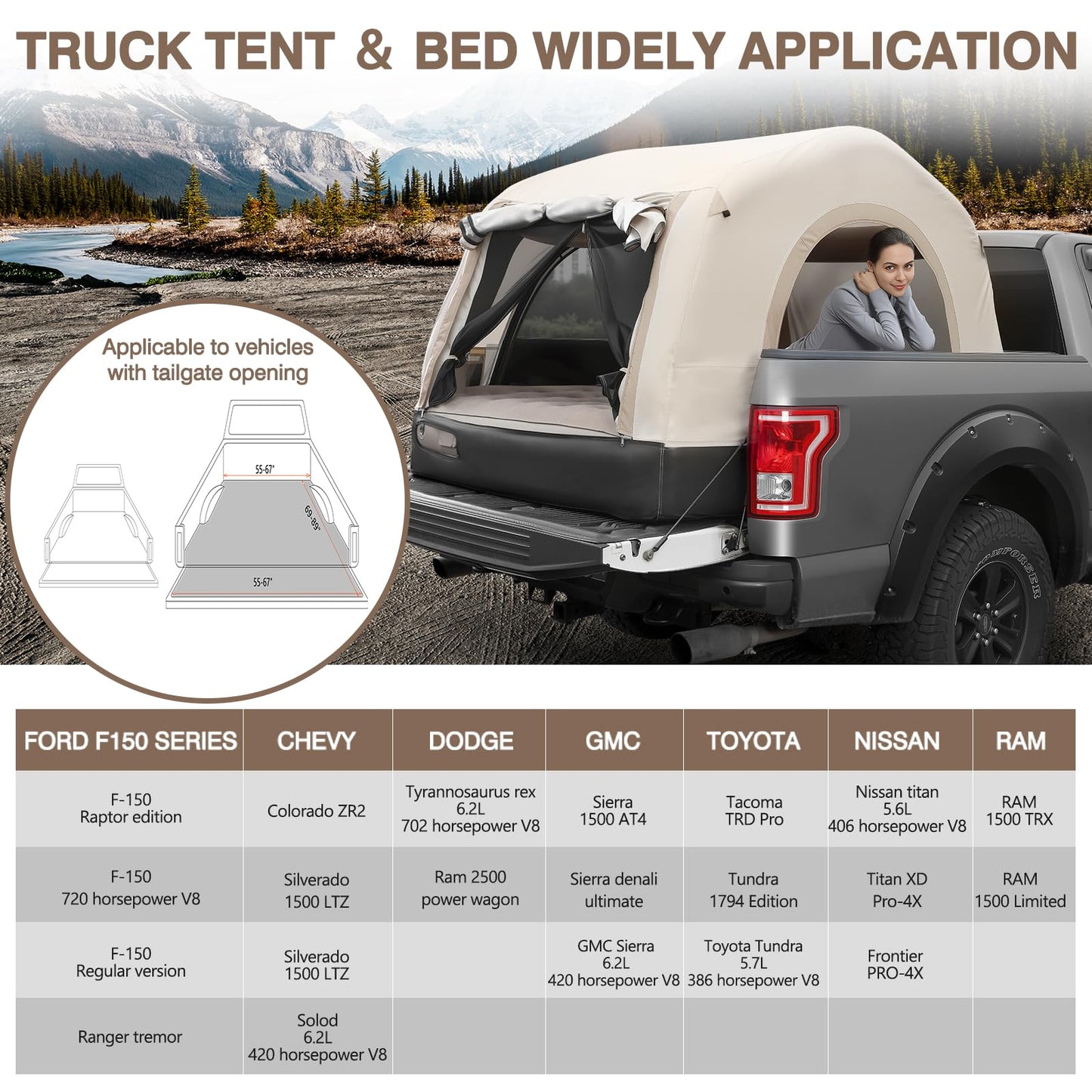 OPL5 Inflatable Truck Bed Tent & Air Mattress, Truck Air Mattress for 5.5-6.5FT, 12'' Height 2-3 Person Fast Setup Ground & Pickup Tent Mattress with Rechargeable Pump for Camping Travel, 600lbs Max