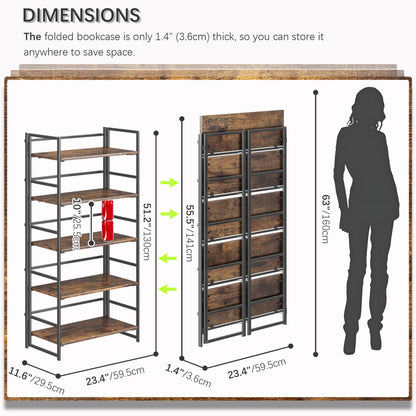 4NM No Assembly 5 Tier Collapsible Book Shelves, 51.2" H x 23.6" W Folding Bookshelf Bookcase Open Industrial Foldable Shelf for Bedroom, Living Room, Home Office - Rustic Brown