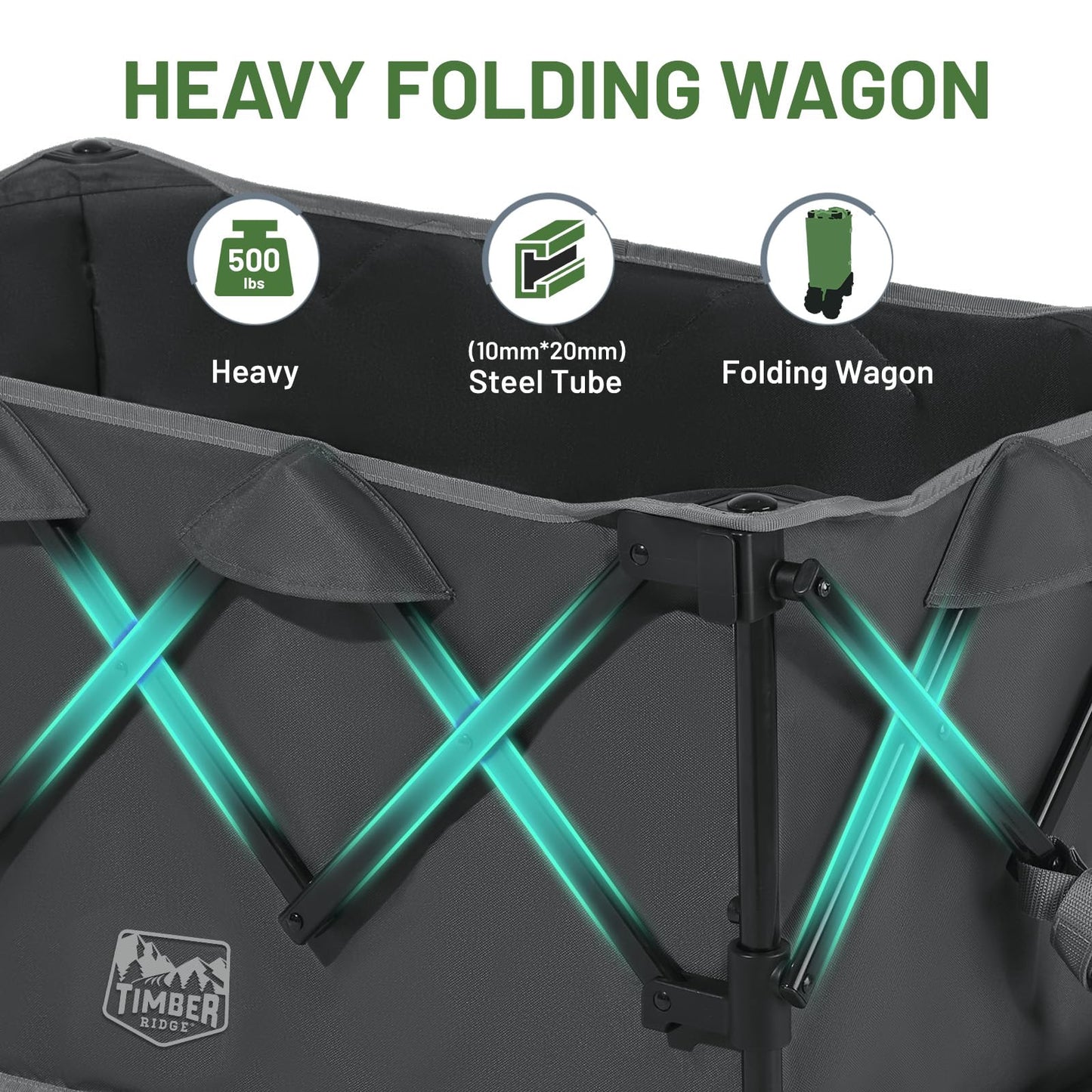 Timber Ridge Outdoor Collapsible Folding Wagon with Brakes and Cup Holders, 500lbs Heavy Duty All Terrain Wheels Utility Cart for Shopping Camping Garden Sports, Grey