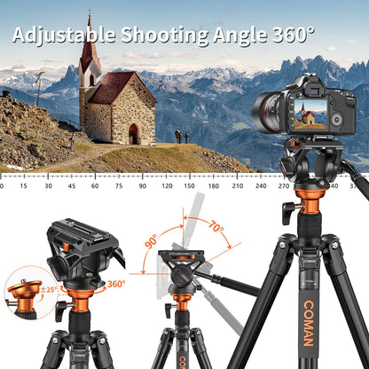 COMAN 73" Camera Tripod with Fluid Head & Leveling Bowl, 22lb Payload, Portable Aluminium 2-in-1 Tripod Monopod, Quick Release Plate, for Canon Nikon Sony DJI DSLR Camera, Black (FF06S)