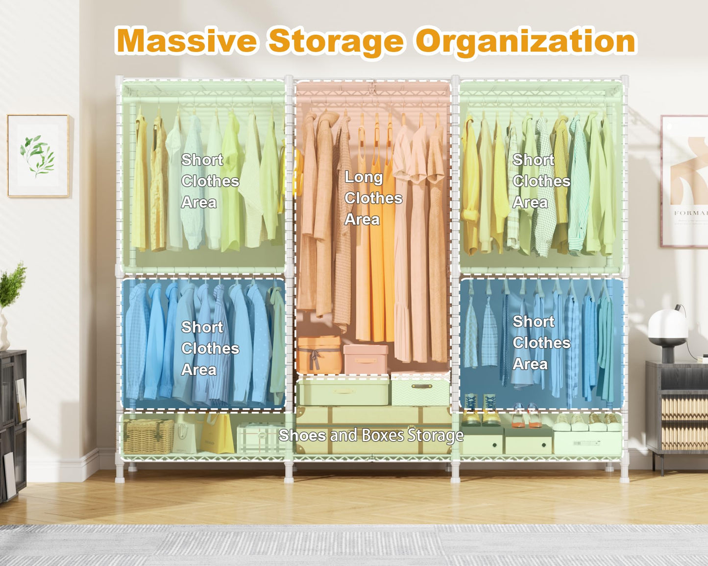 ULIFHOME E14C Pro Heavy Duty Closet Organizer System，Freestanding Clothing Racks for Hanging Clothes，Adjustable Garment Rack 69" W × 16" D × 77" H Hold 960 lbs，White Rack with Black Dustproof Cover