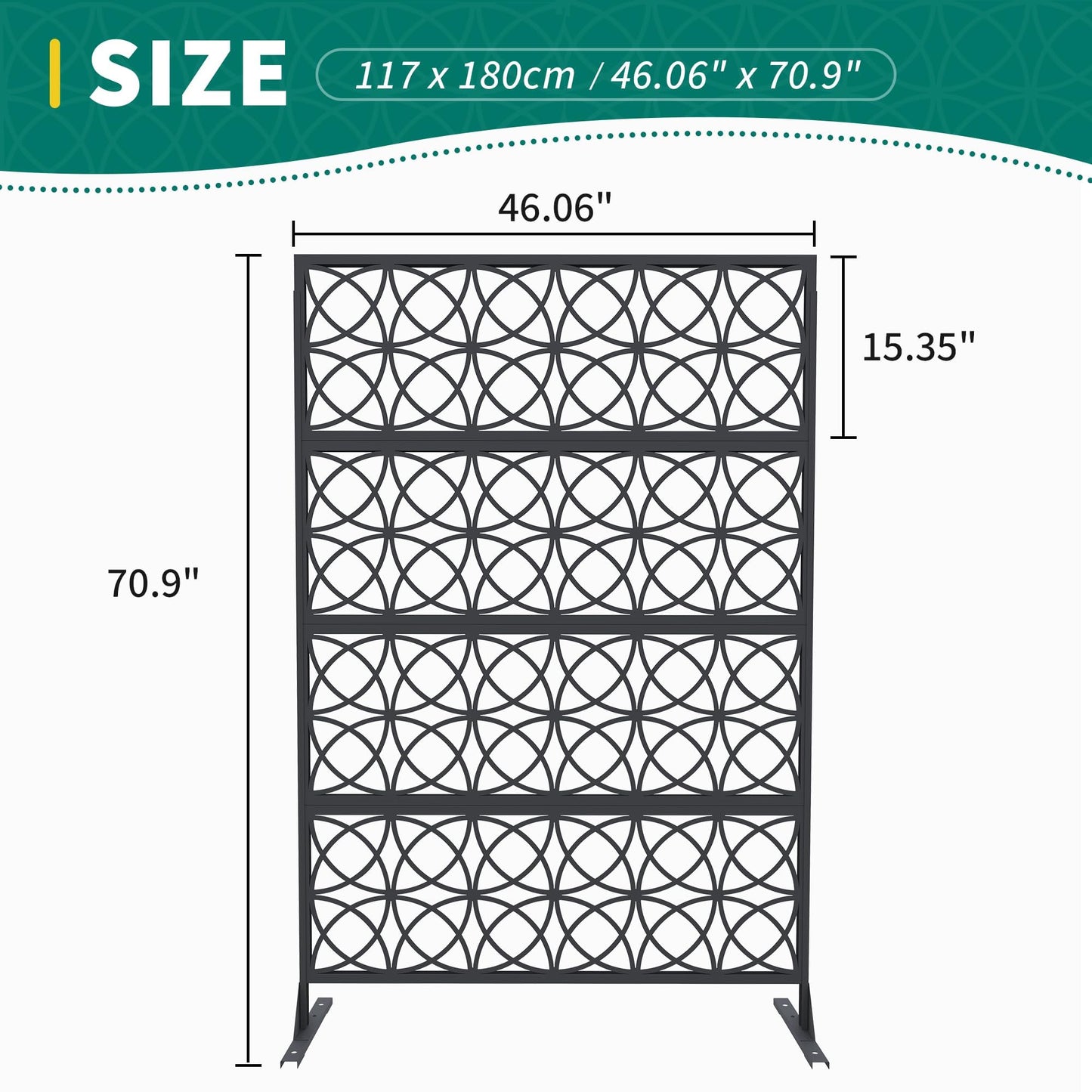 Garveelife Outdoor Privacy Screen Freestanding, 72" H×47" W Patio Privacy Screen with Stable Base, Metal Privacy Panels for Balcony, Yard and Garden, 1PC