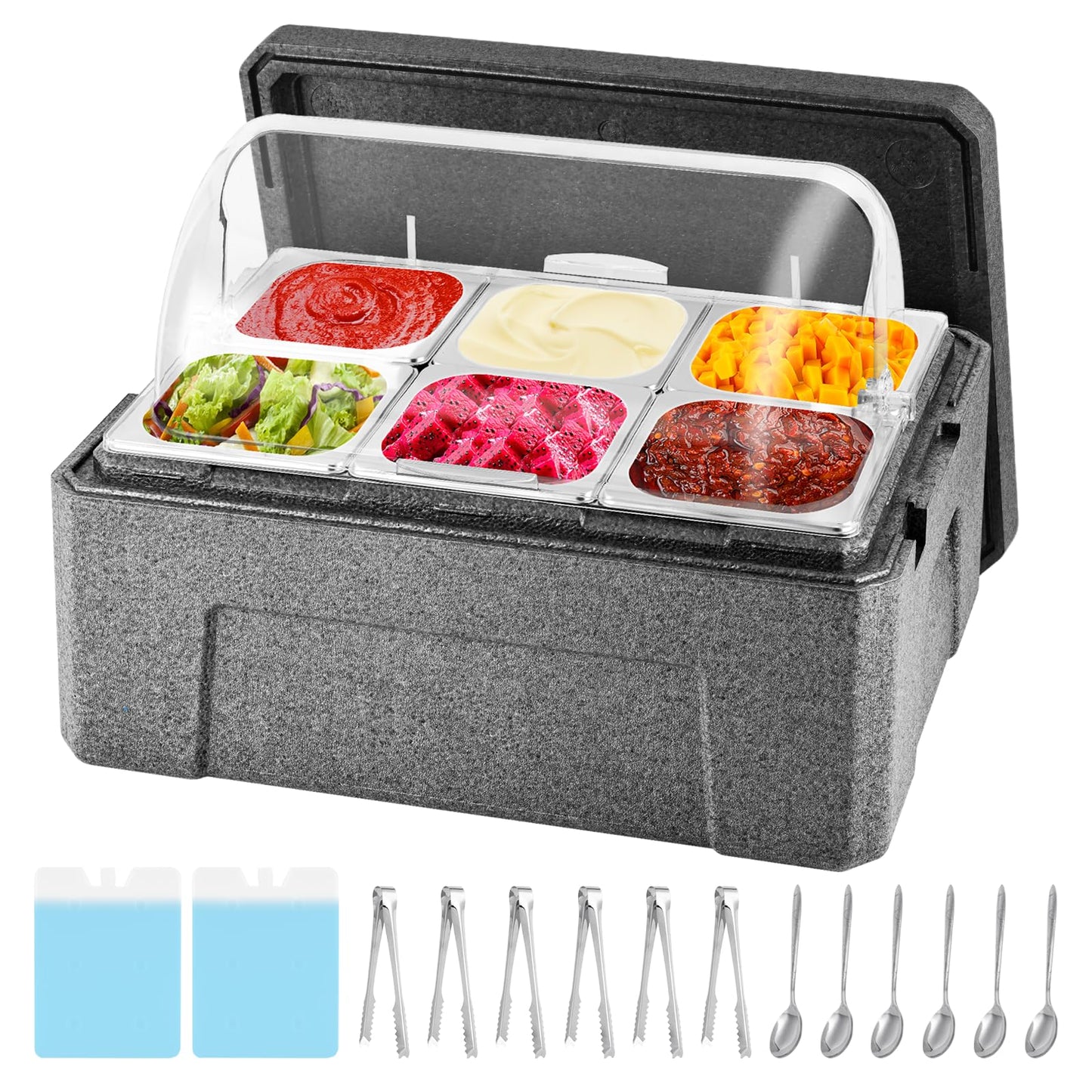 Tragaomx Insulated Cold Food Buffet Ice Serving Tray with Lid Insulation Box 6 Pans 2 Ice Packs Cooled Condiment Serving Container Ice Platter Food Cooler For Parties Buffets Fruit