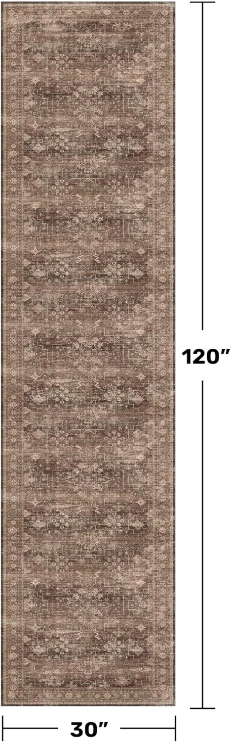 Skiennix Washable 10ft Hallway Runner Rug - Non-Slip Rubber Backing | Boho Vintage Brown 2'6"x10'
