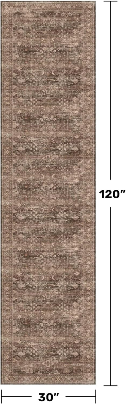 Skiennix Washable 10ft Hallway Runner Rug - Non-Slip Rubber Backing | Boho Vintage Brown 2'6"x10'