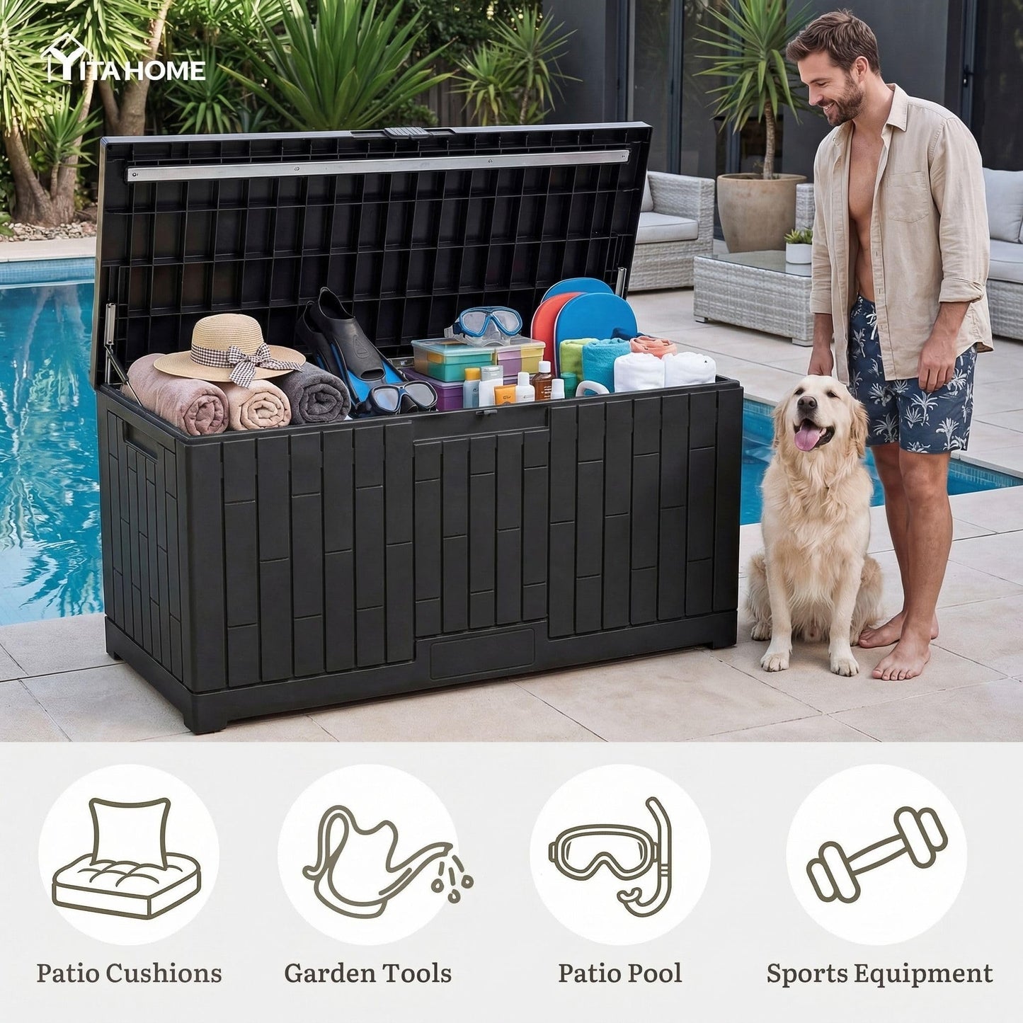 YITAHOME 120 Gallon Large Deck Box, 53"L x 22.7"W x 25.5"H Resin Outdoor Storage Box with Slide-Locking Lid for Patio Cushions, Garden Tools, Pool Supplies, Easy Assembly, Waterproof Lockable, Black