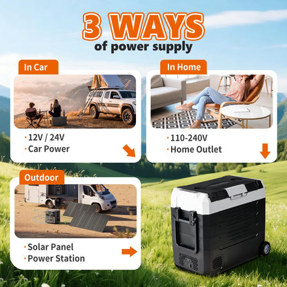 OLIXIS Portable Car Refrigerator, 53QT Dual-Zone Electric Cooler for Vehicles with Wheels & Cutting Board, -4℉-68℉ Freezer Smart Control via Bluetooth, Battery Protection, 12/24V DC & 100-240V AC
