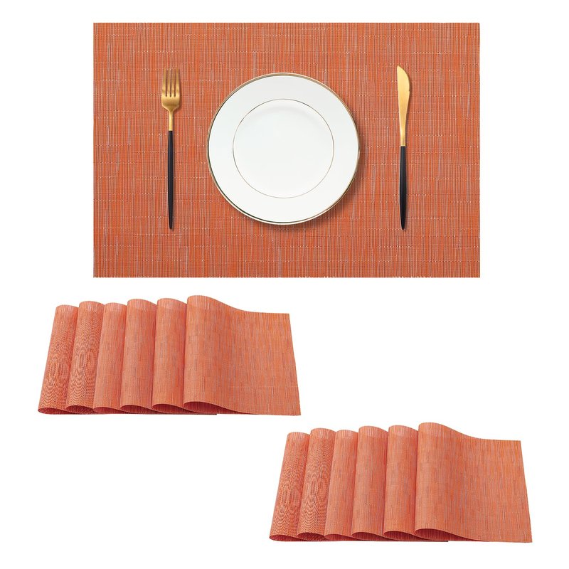 Leetaltree Orange Placemats Set of 12 - Heat Resistant Non-Slip Place mats for Dining Table, Washable Durable PVC Vinyl Woven Table Mats（Orange, 12）