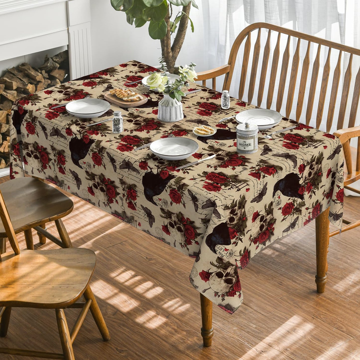 Horaldaily Halloween Tablecloth 60×60 Inch Square, Crow Skeleton Roses Washable Table Cover for Party Picnic Dinner Decor
