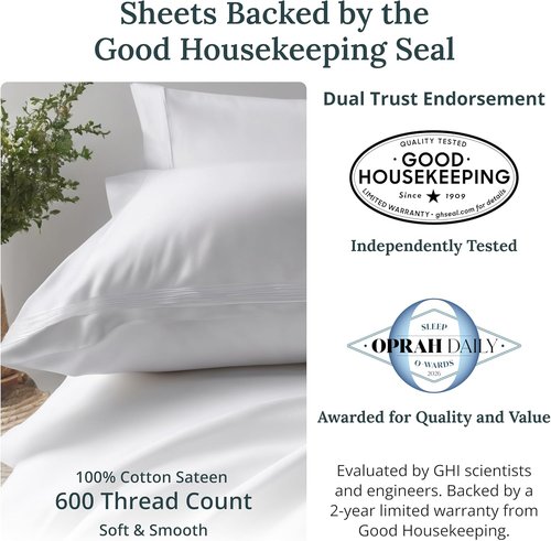 California Design Den Twin Sheet Set - Luxury 600 Thread Count 100% Cotton Sateen, Snug Fit - White