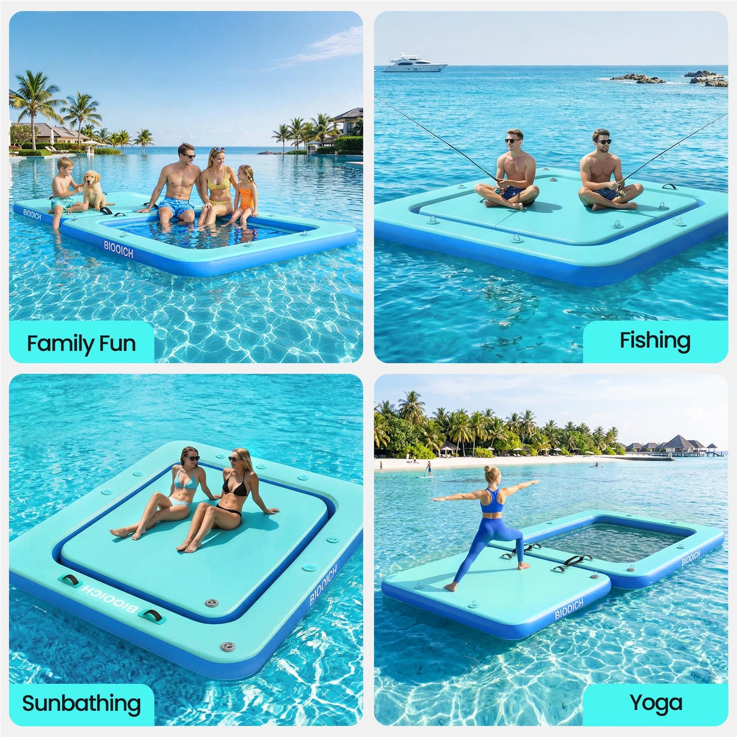 BIOOICH 2 in 1 Inflatable Floating Dock, 8.2FTx7.2FT Floating Mat with Mesh Swim Area & Portable Pool Island Platform with Air Pump, Repair Kit, Storage Bag & Linking Ropes for Swimming, Lake, Beach