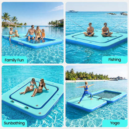 BIOOICH 2 in 1 Inflatable Floating Dock, 8.2FTx7.2FT Floating Mat with Mesh Swim Area & Portable Pool Island Platform with Air Pump, Repair Kit, Storage Bag & Linking Ropes for Swimming, Lake, Beach