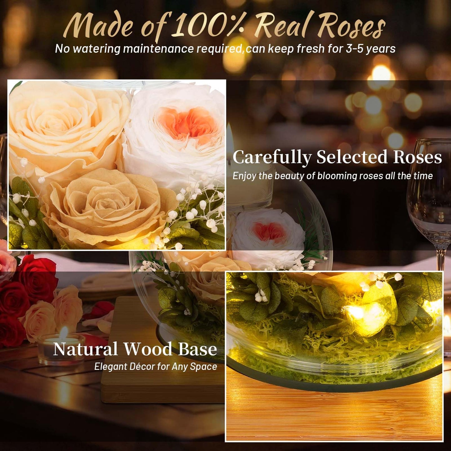 Preserved Champagne Real Rose in Glass with Scented Candles – Forever Flower Romantic Anniversary Christmas Birthday Valentines Mothers Day Gifts for Mom, Women, Wife, Girlfriend, Her, Grandma