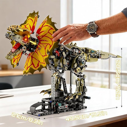 1277 Pcs Mechanical Dilophosaurus Building Blocks Set Steampunk Dinosaur Model with LED Eyes and Manual Linkage Robot STEM Display Gift for Adults&amp Teens
