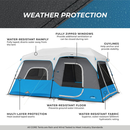 CORE 9 Person Instant Cabin Tent with LED Lights | Large Multi Room Family Lighted Pop Up Tent for 2 Minute Camp Setup | Included Storage Pockets for Camping Accessories