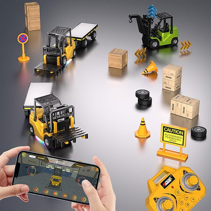 Mini RC Forklift Toy 3 in 1 Remote Control Forklift Trailer 10 Channel Mini Forklift Remote Control with Liftable Fork &amp Hook 1/64 Desktop RC Construction Vehicles for Adults Kids Boy Gift