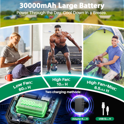 Ausic Outdoor Misting Fan for Outside, 5 Gal 12" Pro Portable Mister Fan with Water Box, 30000mAh Rechargeable Cooling Fan with Adapter, LED Light, Telescopic Handle, Patio/Sports/Camping Essentials