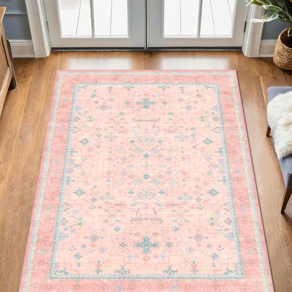 Hazo Haus Nursery Area Rug - Charming Pink Boho Vintage Design | Washable 4x6 Non-Slip Rug for Kids Rooms