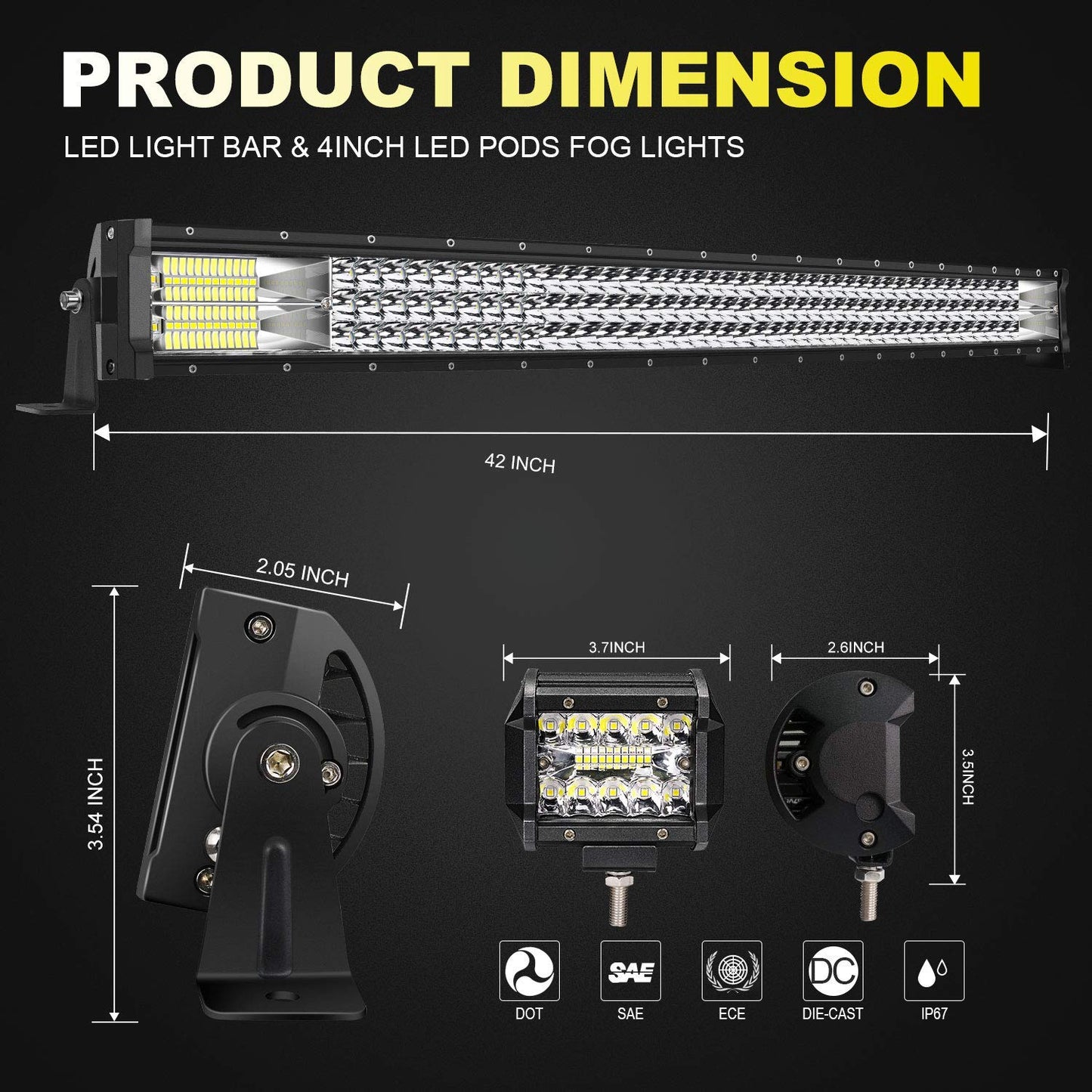 LED Light Bar TURBO SII 40/42 Inch 576W Curved Triple Row Flood Spot Combo Beam Offroad Driving Light + 4 Inch 60W Led Pod Lights w/3-Leads Wiring Harness for Trucks ATV UTV Polaris Boats