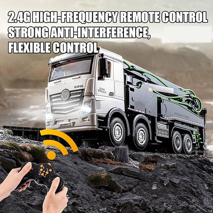 18.9 Inches 11 Channel Remote Control Cement Pump Truck 1/18 Scale 1-Batteries 2.4Ghz RC Concrete Construction Vehicle with Water Pump for 14y+ Beginnes (Grey 8-Wheels)