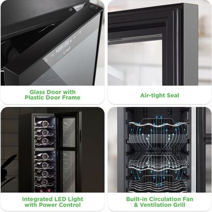 NutriChef 24 Bottle Wine Fridge | Dual Zone Chiller | Adjustable Temperature 41°F to 64°F | Ultra Quiet Operation | Wine Cooler for Home, & Office | FreeStanding 39x11x23 in (Black)