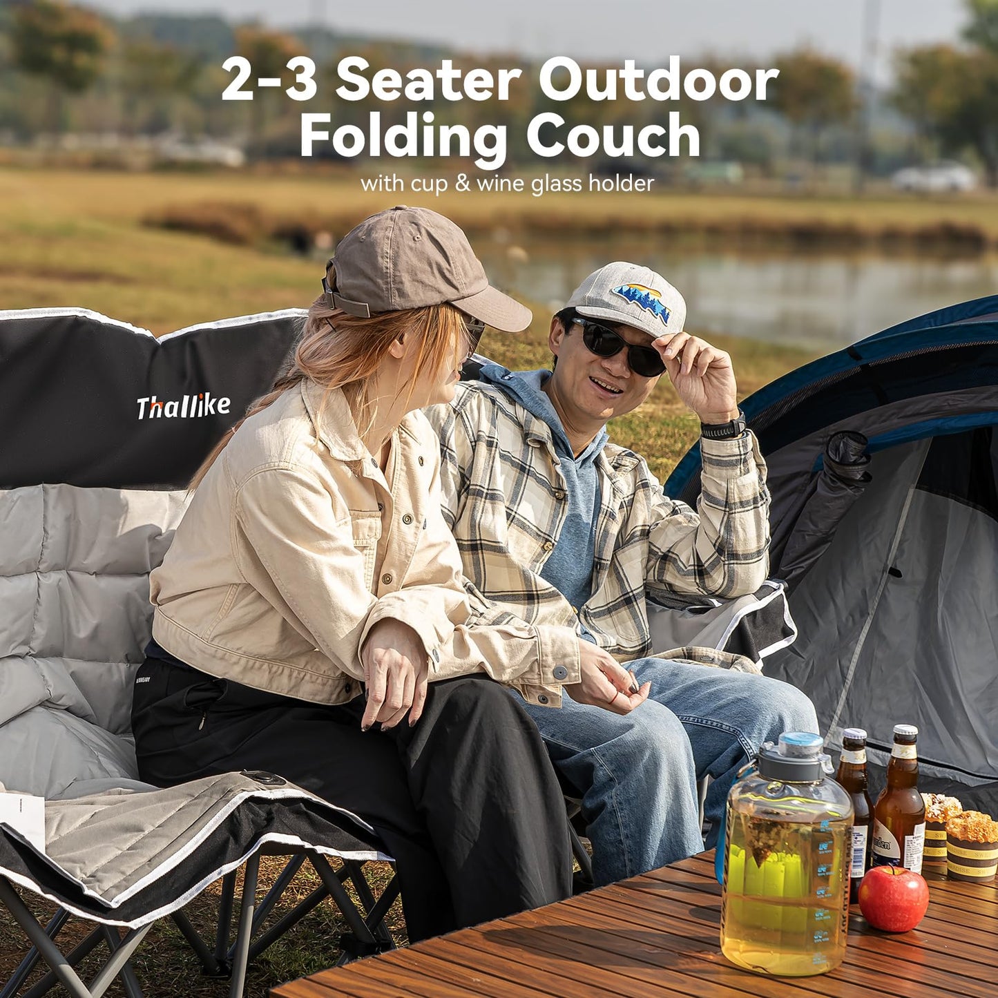 Thallike 3 Person Outdoor Camping Chair & Warm Oversized Camping Blanket with Hood