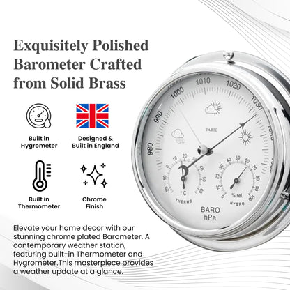 Tabic Chrome Barometer with Built-in Hygrometer &Thermometer - Analog Weather Station for Home & Outdoor Use - Handmade in England - Heavy Chrome Plated Brass Case (1/2kg), 6in x 2in