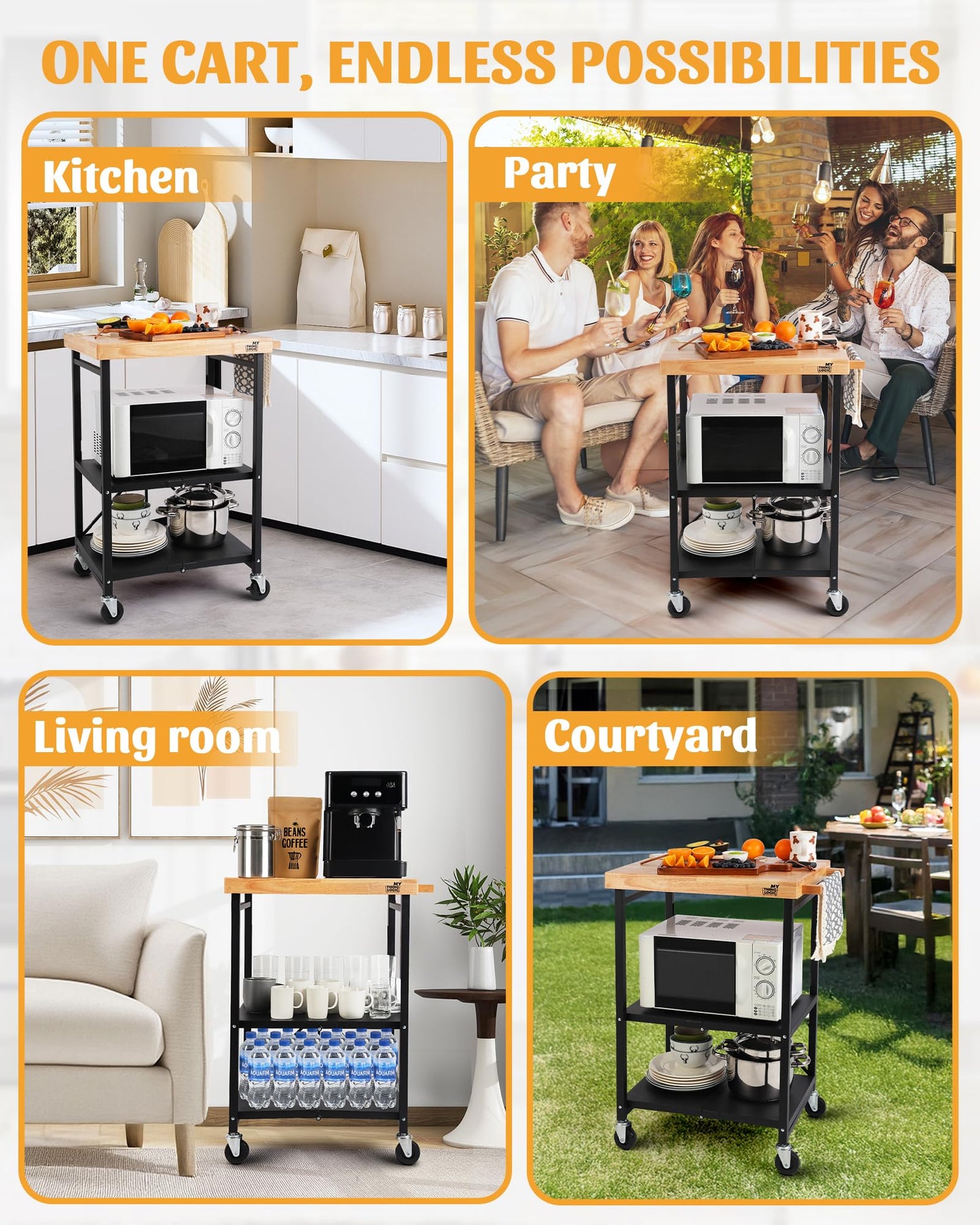 Mythinglogic Foldable Kitchen Storage Cart, 3-Tier Rolling Cart with Solid Oak Top, Heavy-Duty Metal Utility Rack for Microwave, Pots, Dish Set, Meal Prep Area, Kitchen Island on Lockable Wheels