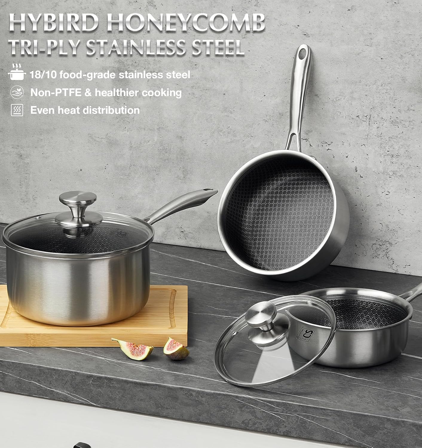 KOCH SYSTEME CS Hybrid Nonstick Stainless Steel Saucepan Set - 6-Piece Induction-Ready Cookware Set