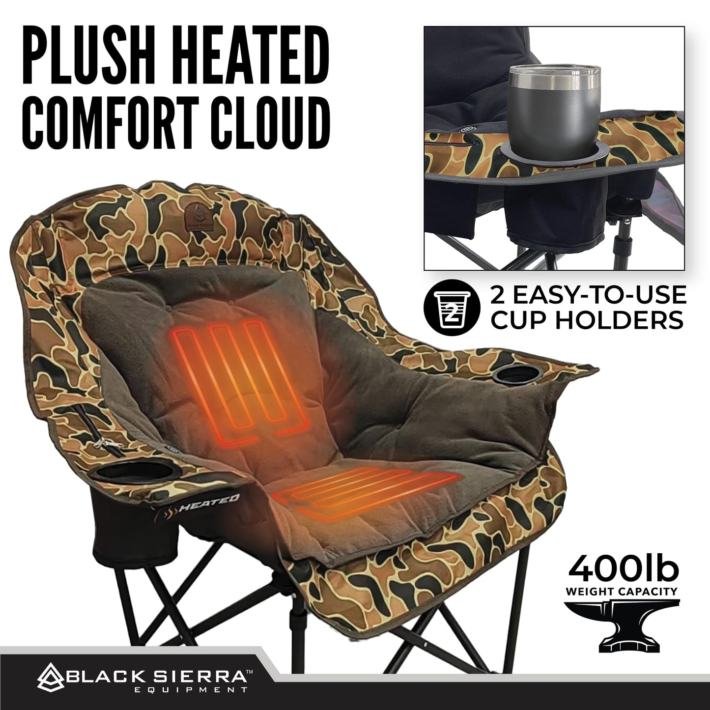 Black Sierra Heated Plush Fleece XL Padded Camping Chair for Adults, Oversized Heavy Duty Folding Seat with 3‑Level Heat & Battery Pack, Supports 400 lbs, Cup Holders & Carry Bag for Camping & RV