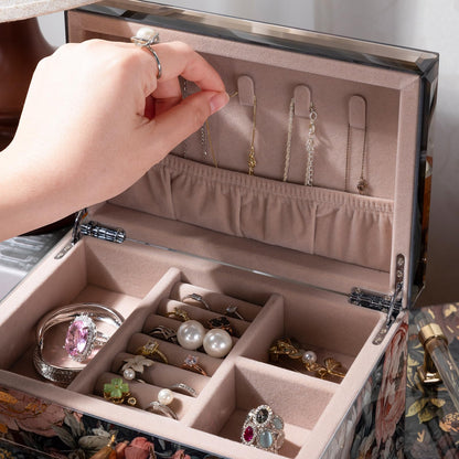 Homruilink High End Glass Jewelry Box, 3 Layer Jewelry Organizer, Velvet-Lined Case For Ring, Necklace, Earring, Bracelet Storage, Ideal Gift (Peony)