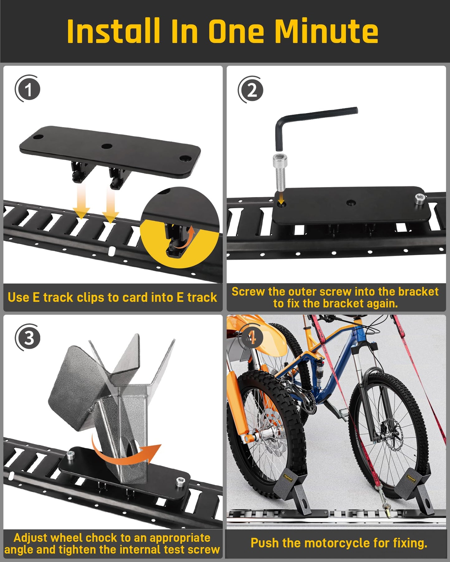 Wyckoff 4-Pack E-Track Dirt Bike Wheel Chock with Track Clip, 360° Swivel, Under 1-Minute Install Remove, Fits Floor or Wall E-Track, Heavy-Duty Accessory for Trailers, Dirt Bikes & Bicycles (4-Pack)